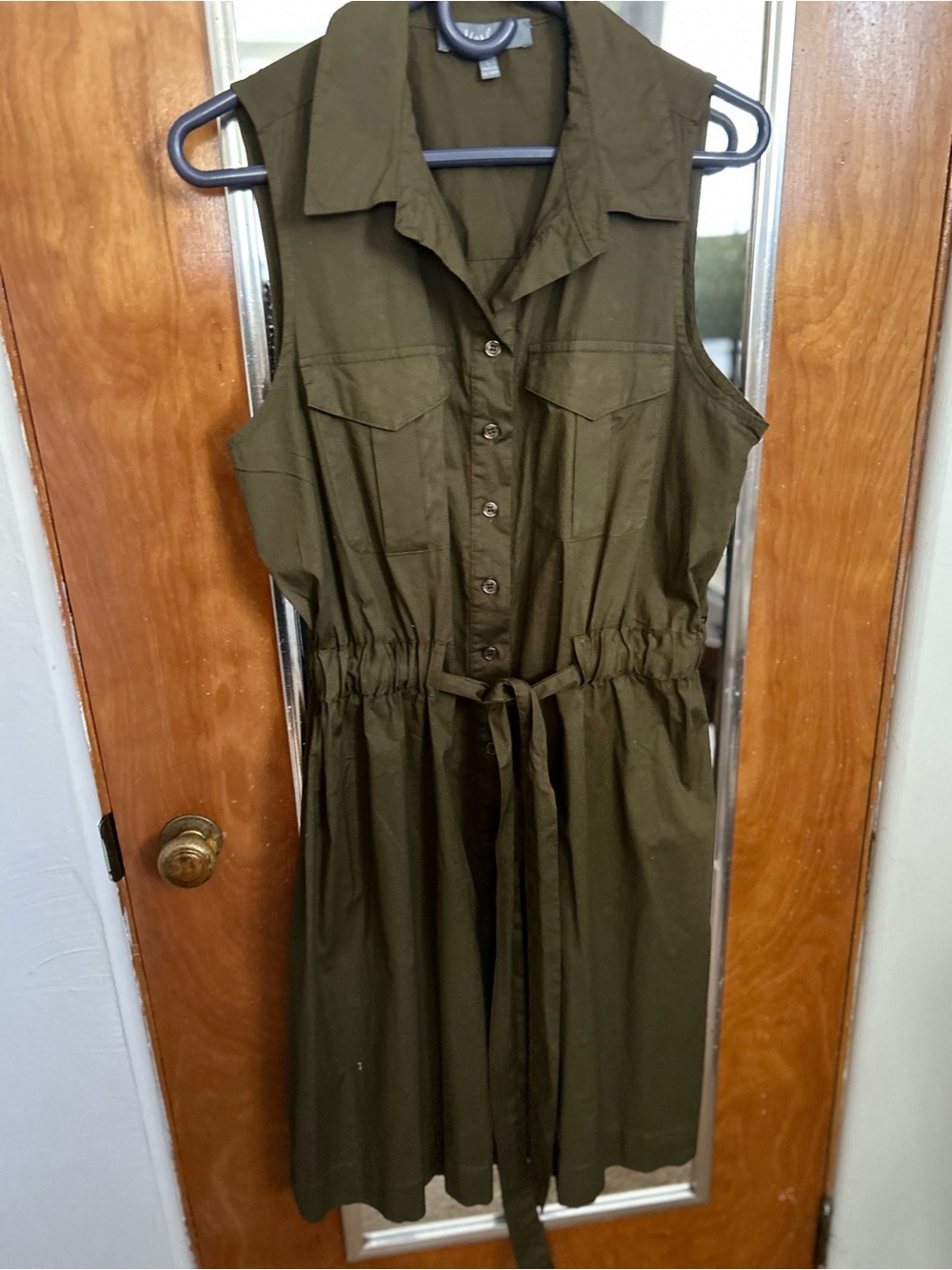 Marled Olive Green Sleeveless Button-Front Shirt Dress
